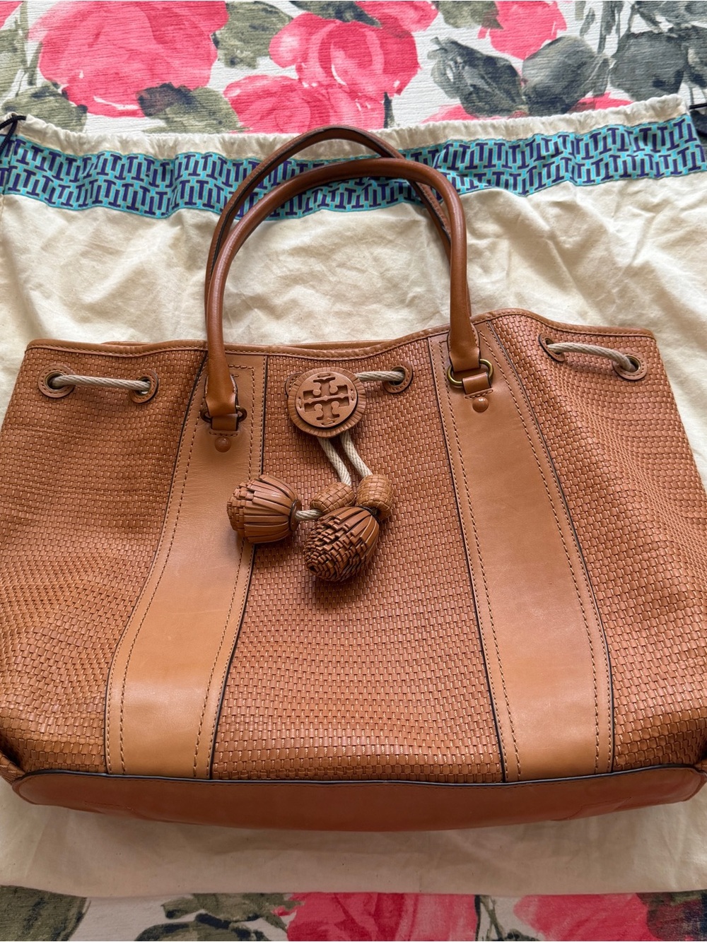 Tory Burch Amalfi Cognac Woven Leather Tote with Tassel Detail